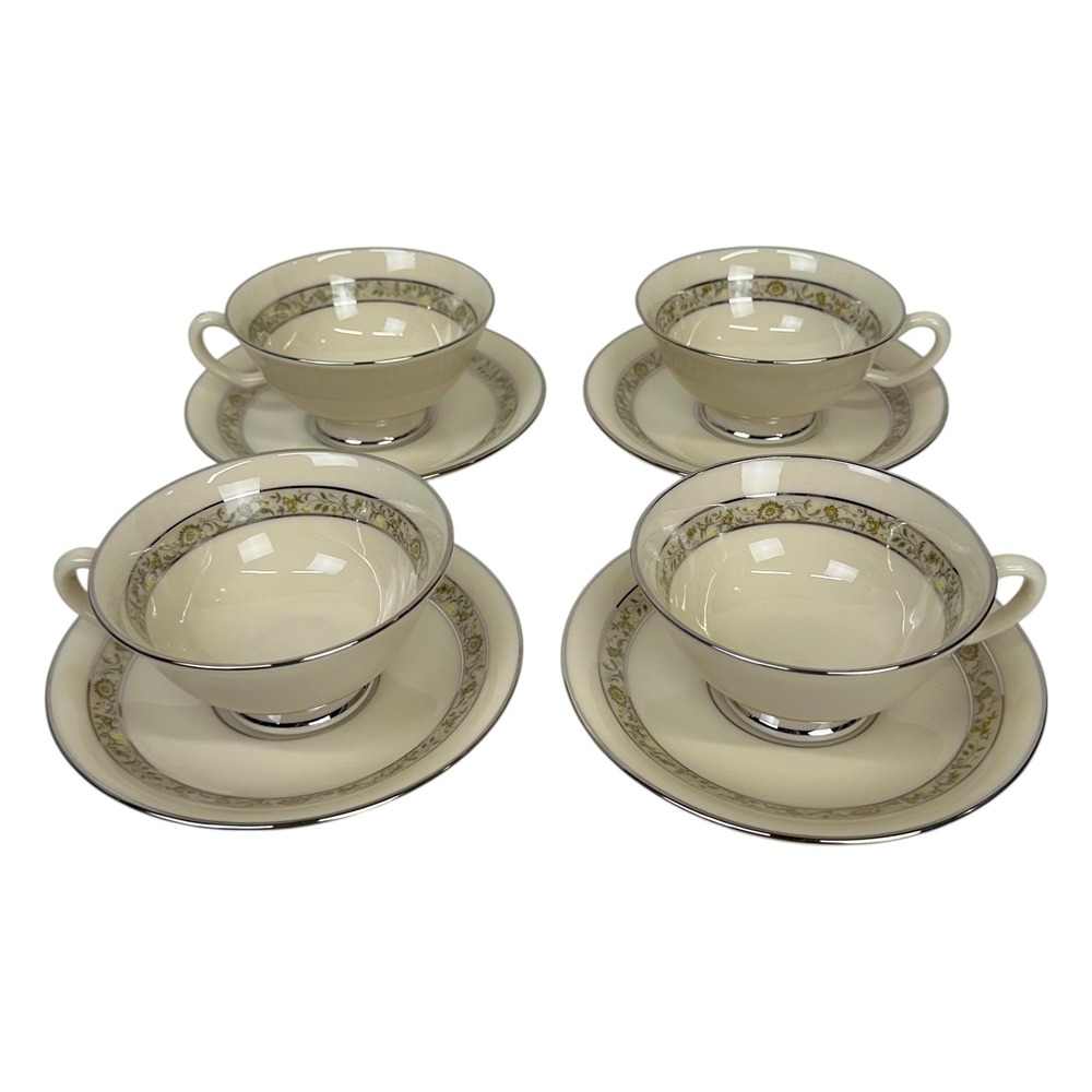 Vintage Lenox Springdale Teaβ Cups Saucers SET OF 4 Beige Floral Platinum Trim